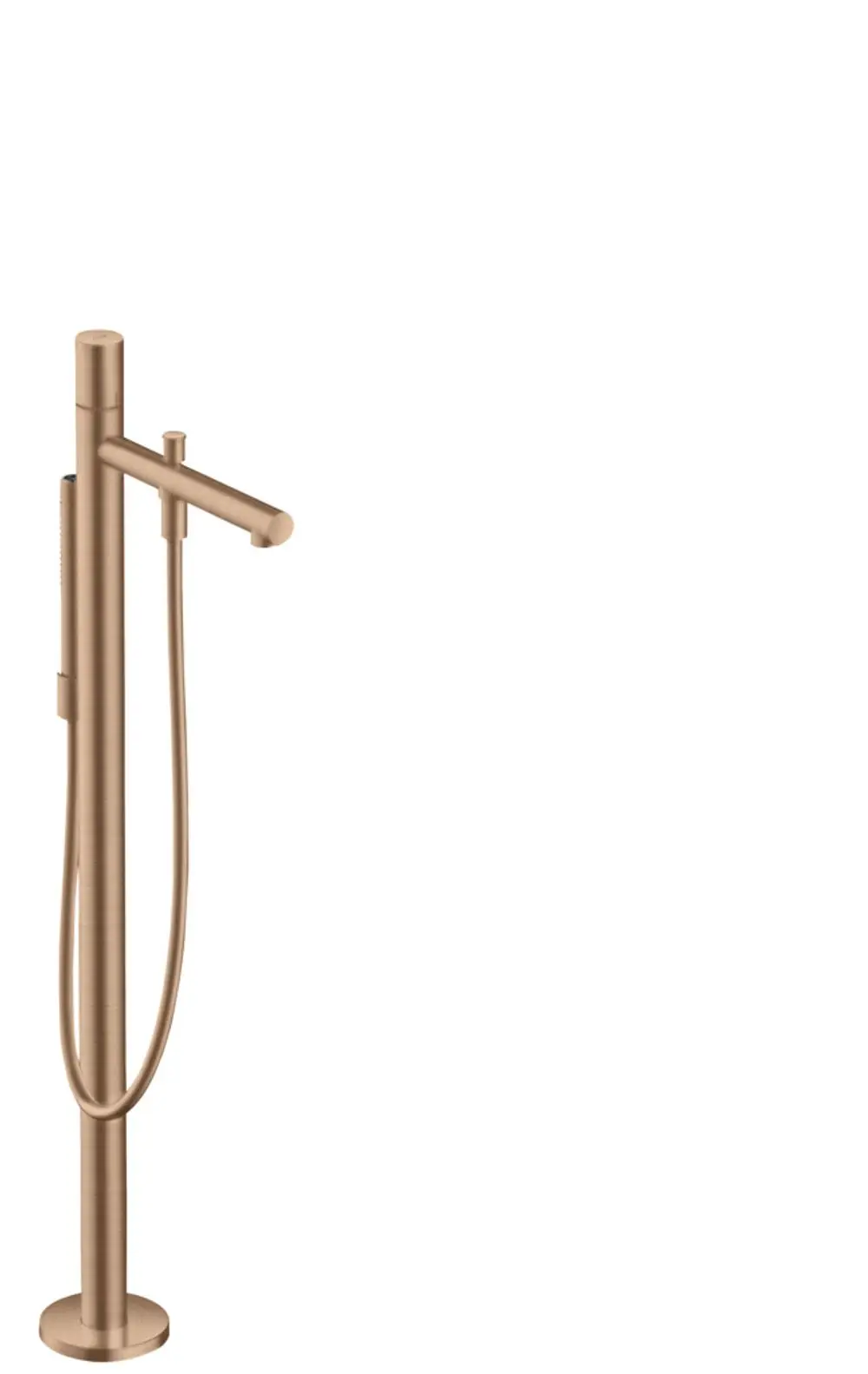 Bodenstehender Einhebel-Wannenmischer in Brushed Red Gold, designed von AXOR, mit einem schlanken, minimalistischen Griff und einer flexiblen Handbrause.